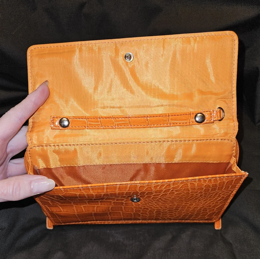 Ladies Orange Crocodile Alligator Design Hand Clutch Wallet Purse